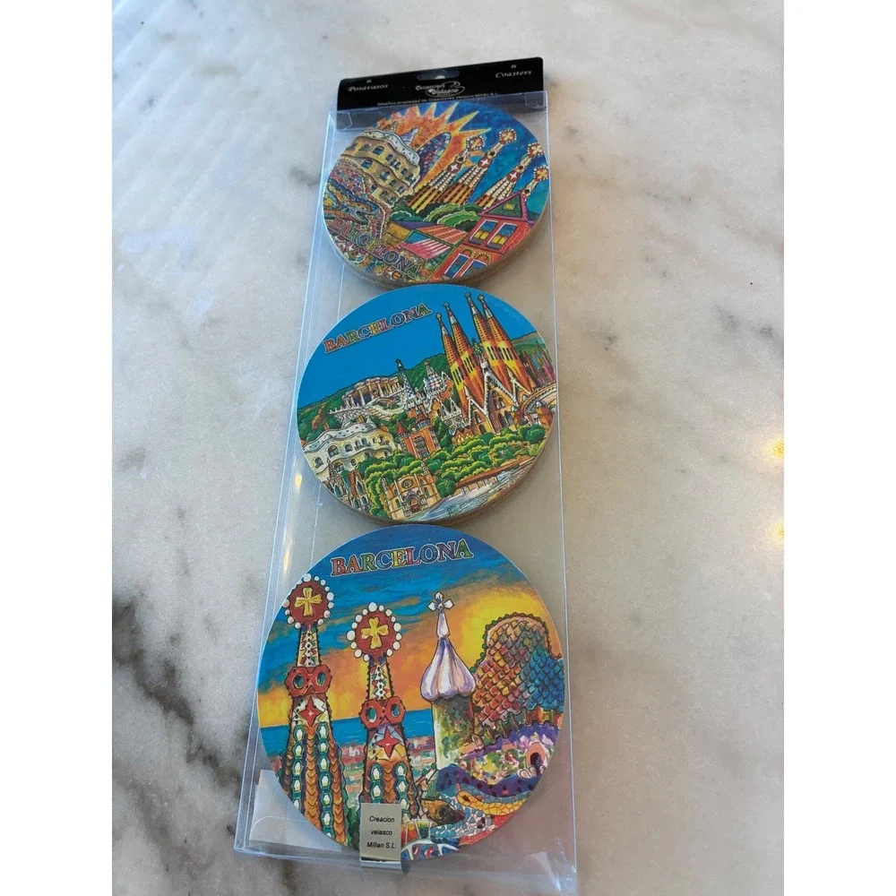Barcelona Spain Coasters Set of 6 Gaudi Park‎ Güell Sagrada Familia Mosaic New